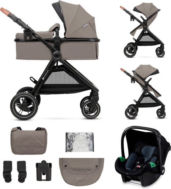 Kinderkraft ESME - 3-in-1 Kinderwagen - Elegante Ontwerp - Omvormbare Wiegbak naar Buggy - TRAVEL SYSTEM met Autostoel en Adapteren - Geveerde TPE Wielen - Compacte Opvouwbaarheid - Accessoires Inbegrepen - Sand Beige